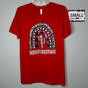 L&B Life Small Merry Christmas Red Rainbow Cactus tee shirt